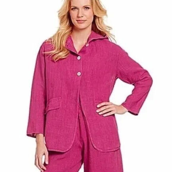 Bryn Walker Heavy Linen Hooded Jacket Women M $158 Havana Pink Button-Up Pockets - Picture 14 of 14